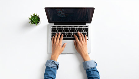 From a top-down perspective, a focused individual types on a sleek laptop, bringing ideas to life on a clean, minimalist desk.の素材