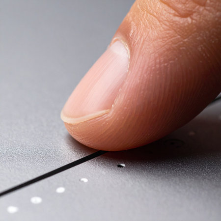 A close-up macro shot captures the moment a human fingertip makes contact with a smooth, high-tech surface.の素材
