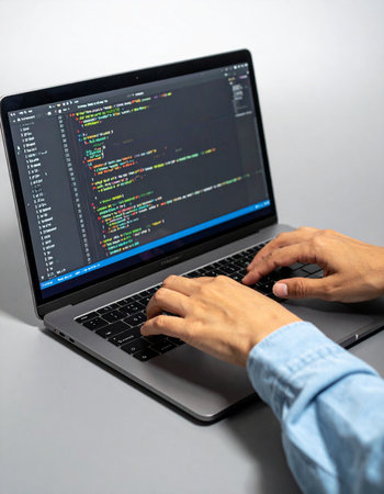 A focused software developer meticulously types lines of code on a modern laptop, engineering a new application.の素材