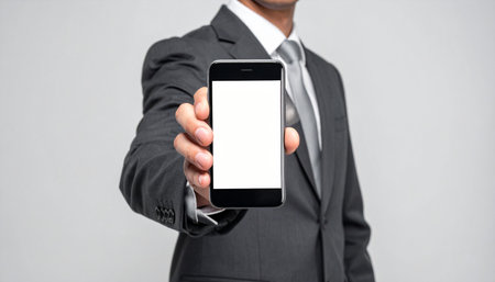 A professional executive in a sharp suit presents a smartphone with a blank white screen, offering a perfect template for your digital message, app interface, or corporate branding.の素材