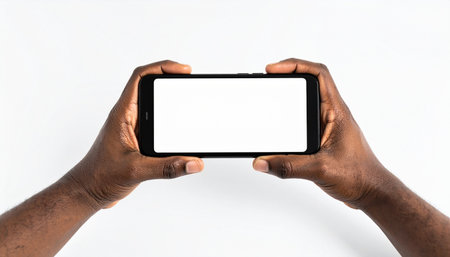 A first-person perspective of a person holding a smartphone horizontally, ready to watch a video or play a game.の素材