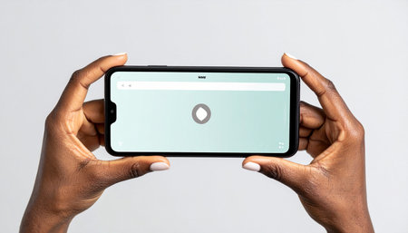 A close-up, point-of-view shot of a person holding a smartphone horizontally.の素材