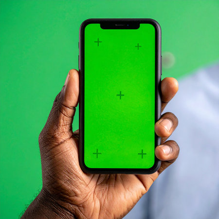 A close-up shot captures a person's hand presenting a smartphone with a green chroma key screen, ready for custom content insertion.の素材