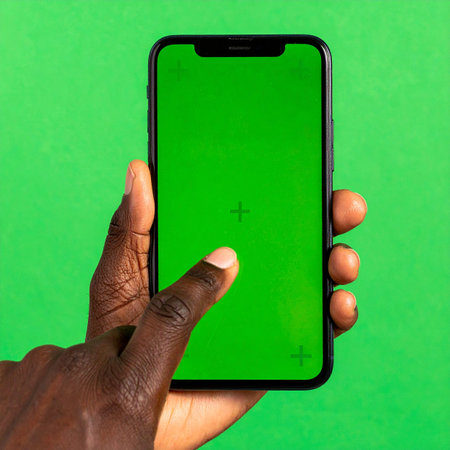 A close-up shot captures a person's hand interacting with a modern smartphone.の素材