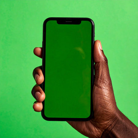 Close-up of a Black person's hand holding a modern smartphone against a solid green background.の素材