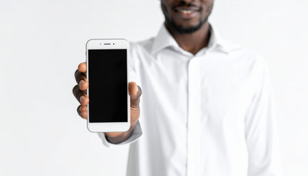A confident professional in a crisp white shirt proudly presents a smartphone with a blank screen.の素材