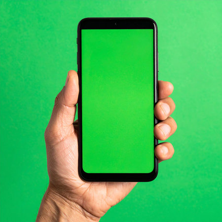 A person holds up a smartphone, its bright green screen ready for any custom content.の素材