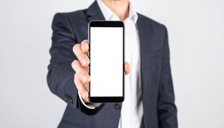 A professional businessman in a suit holds out a smartphone, presenting its blank white screen to the viewer.の素材