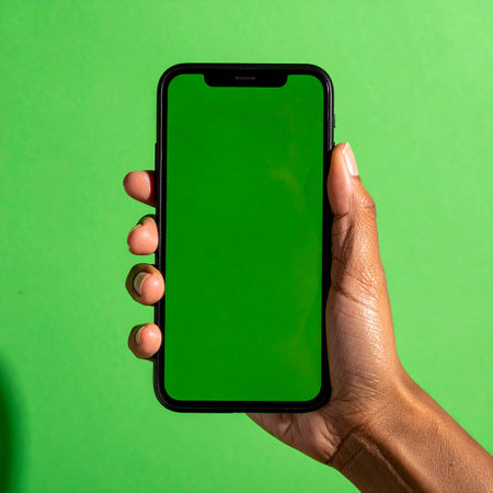A close-up view of a hand holding a modern smartphone with a blank green screen, ready for custom content.の素材