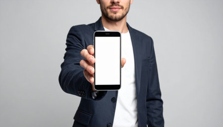 A confident professional in a smart blazer presents a new mobile application or website on his smartphone.の素材
