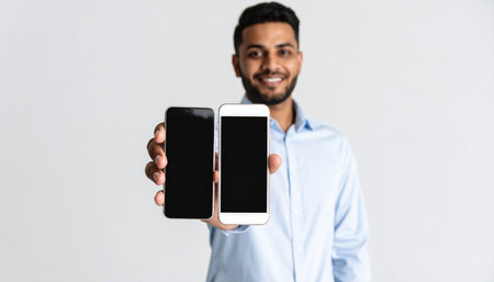A friendly and confident man holds up two different smartphones, offering a choice or comparison for the viewer.の素材