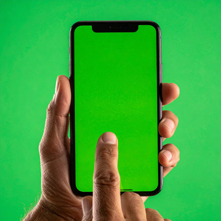 A close-up view captures a person's hand interacting with a modern smartphone.の素材