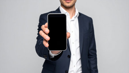 A confident professional in a business suit presents a smartphone with a blank screen directly to the viewer.の素材