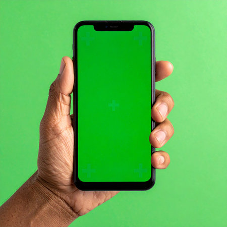 A close-up view of a hand presenting a modern smartphone.の素材