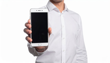 A professional man in a crisp white shirt holds up a modern smartphone, presenting its blank screen directly to the viewer.の素材