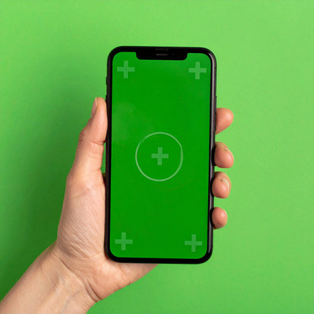 A versatile top-down view of a hand presenting a smartphone with a customizable green screen.の素材