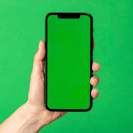 A close-up view of a hand holding a modern smartphone. The device features a vibrant green screen, perfect for chroma key compositing and showcasing app interfaces, websites, or video content.の素材