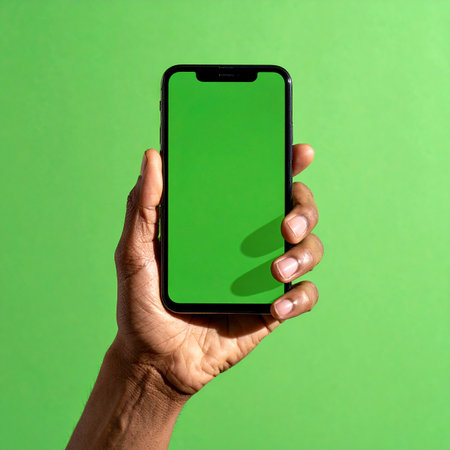 A person's hand holds up a modern smartphone against a matching green background.の素材