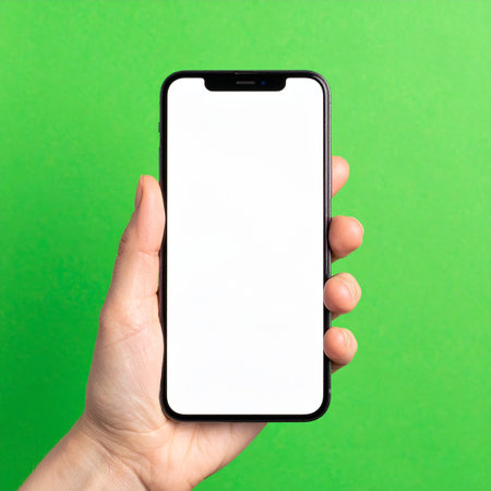 A hand presents a modern smartphone with a blank white screen, perfectly isolated on a vibrant green background.の素材