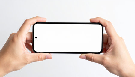A first-person perspective of hands holding a modern smartphone horizontally.の素材