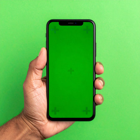 Showcasing the latest mobile technology, a hand presents a smartphone with a customizable green screen.の素材