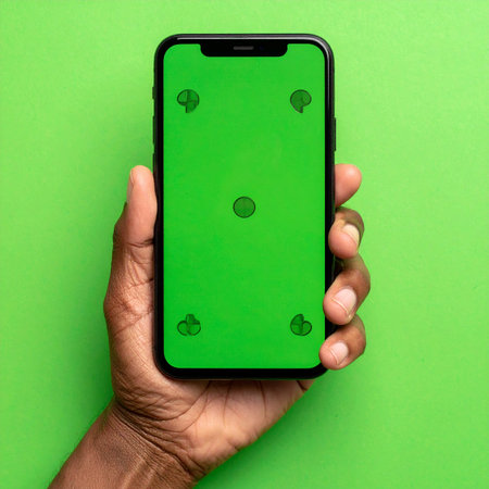 Top-down view of a hand holding a smartphone with a chroma key green screen, complete with tracking markers.の素材