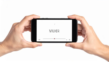 A person holds a smartphone horizontally, fully engaged in watching a video.の素材