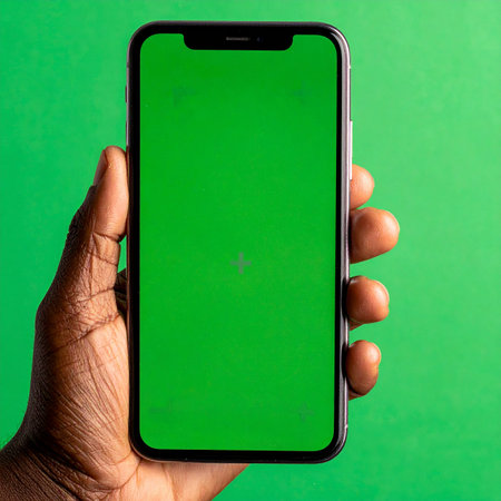 A close-up shot of a person's hand holding a modern smartphone.の素材