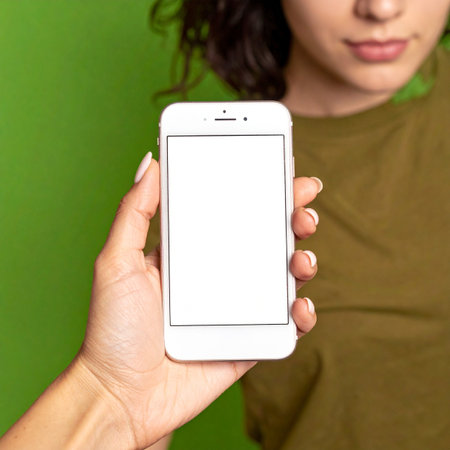 A close-up of a woman's hand presenting a smartphone with a blank white screen, perfect for mockups.の素材