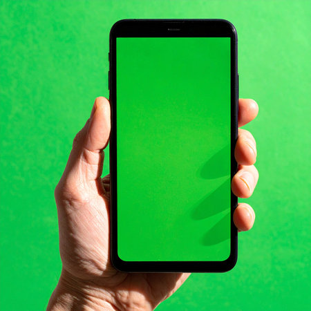 A person's hand holds a modern smartphone against a vibrant green background.の素材