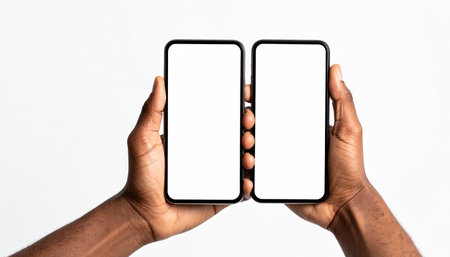 A person holds two smartphones side-by-side, presenting their blank white screens to the camera.の素材