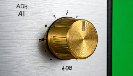 A detailed macro shot captures a gleaming gold control knob set against a cool, brushed aluminum panel.の素材