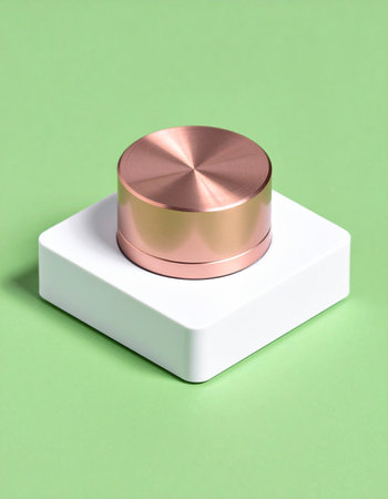 A single, elegant copper control knob sits poised on a clean white base.の素材
