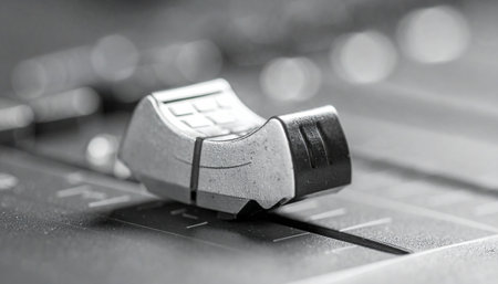 A close-up, black and white shot captures the precise control of a single fader on a professional audio mixing console.の素材