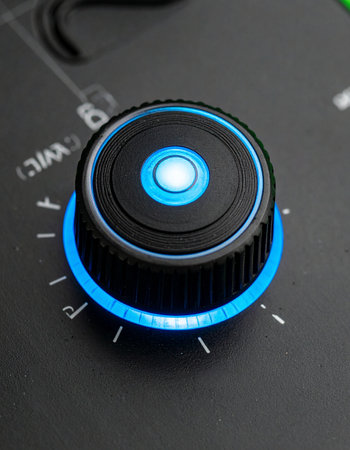 A glowing blue LED illuminates a precision control knob on a professional audio mixer.の素材