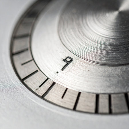A macro shot captures the final turn of a brushed metal dial, setting the level to nine. The precise engineering and textured surface suggest power and control, building intensity to a climax.の素材