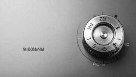 A dramatic black and white close-up of a mechanical combination dial on a heavy steel safe.の素材