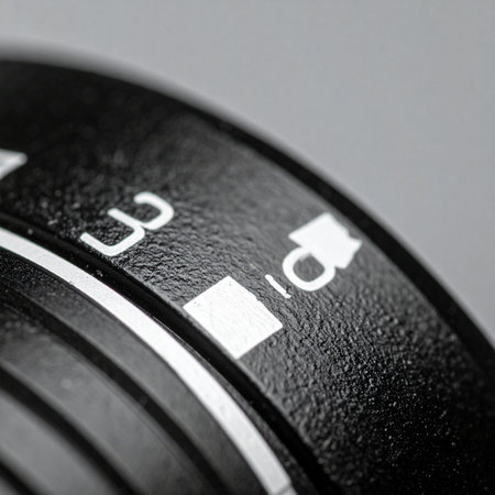A macro view captures the precise markings on a professional camera lens dial. Each click represents a deliberate choice, a fine-tuned adjustment in the pursuit of the perfect shot.の素材