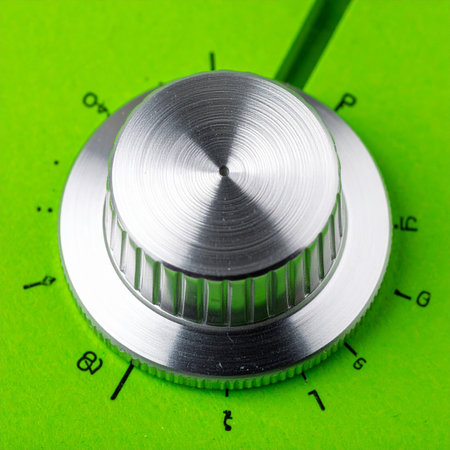 A close-up view of a brushed metal control knob, ready to be turned.の素材