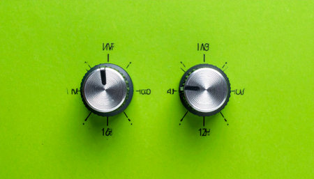 A minimalist composition featuring sleek, brushed metal control dials on a bold, lime green background.の素材