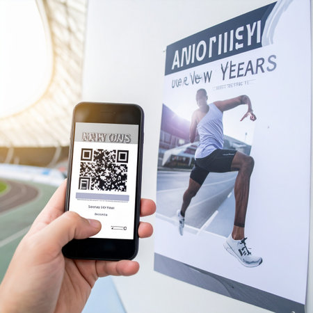 A person uses their smartphone to scan a QR code on a poster for a New Year's fitness event.の素材