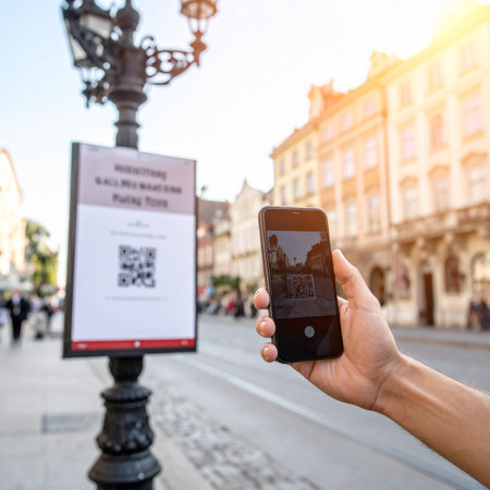 A traveler uses their smartphone to scan a QR code on a historic city street, instantly accessing a digital guide.の素材