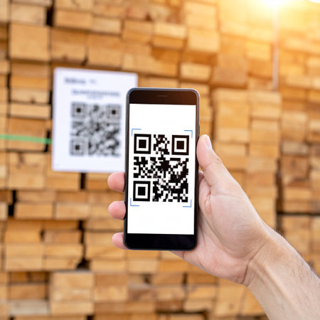 A worker's hand holds a smartphone, scanning a QR code on a large stack of lumber.の素材