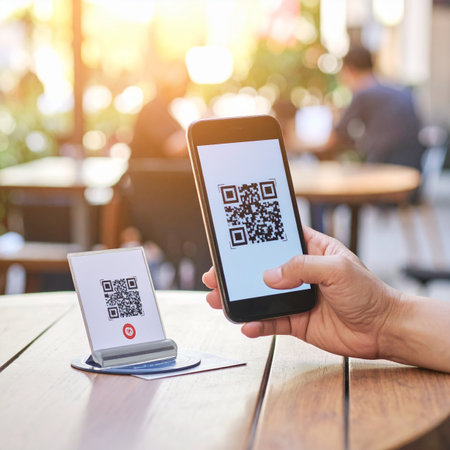 A person uses their smartphone to scan a QR code on a restaurant table, accessing a digital menu for a modern, contactless dining experience.の素材