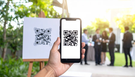 A person uses their smartphone to scan a QR code for quick and easy registration at an outdoor business conference.の素材