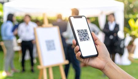 A person holds a smartphone to scan a QR code for a seamless, contactless registration at an outdoor business conference or networking event.の素材