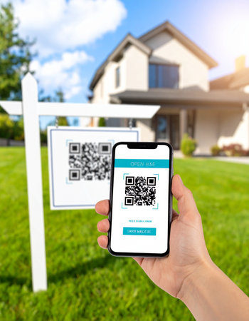 A prospective homebuyer uses their smartphone to instantly access property details by scanning a QR code on a 'For Sale' sign.の素材