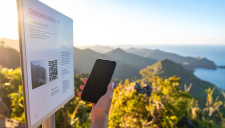 As the golden sun sets over the coastal mountains, a hiker uses their smartphone to scan a QR code on a trail marker.の素材
