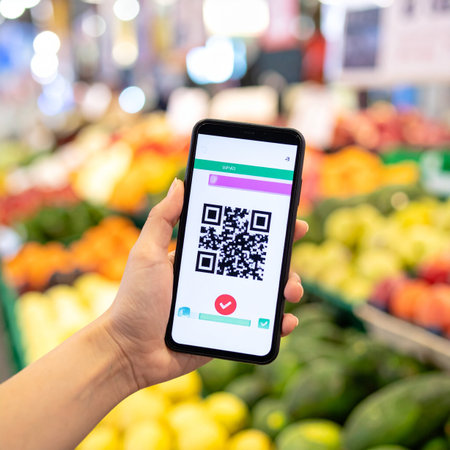 A customer holds up their smartphone, displaying a QR code to complete a quick and secure contactless payment.の素材