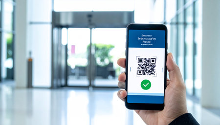 A person holds up a smartphone displaying a valid QR code with a green checkmark, granting them secure and seamless access to a modern building.の素材